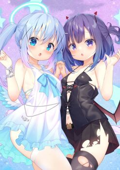 2girls :o angel_and_devil angel_wings bare_arms bare_shoulders black_shirt black_skirt black_thighhighs blue_dress blue_eyes blue_hair blue_wings bracelet breasts commentary_request covered_navel demon_girl demon_horns demon_wings dress feathered_wings fuiba_fuyu gochuumon_wa_usagi_desu_ka? gradient_clothes gradient_dress gradient_hair hair_ornament halo hand_up highres holding_hands horns jewelry kafuu_chino long_hair looking_at_viewer low_wings medium_hair multicolored_hair multiple_girls navel one_side_up open_clothes open_mouth open_shirt purple_hair red_horns red_wings see-through_clothes see-through_dress shirt skirt sleeveless sleeveless_dress sleeveless_shirt small_breasts stomach taku_michi thighhighs torn_clothes torn_skirt twintails two-tone_hair two-tone_wings white_dress white_halo white_thighhighs white_wings wings x_hair_ornament