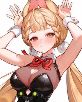 1girl alice_thymefield alternate_costume animal_ears armpits arms_up black_leotard blonde_hair braid braided_twintails breasts closed_mouth clothing_cutout commentary_request detached_collar hair_ornament heart_cutout heterochromia highres large_breasts leotard rabbit_ears rabbit_girl red_eyes simple_background smilesmile1312 solo sphere_hair_ornament strapless strapless_leotard twintails white_background wrist_cuffs yellow_eyes zenless_zone_zero