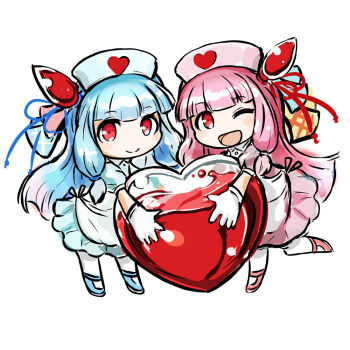 2girls ;d ambiguous_red_liquid apron blue_bow blue_dress blue_hair blue_shoes blunt_bangs bow chibi closed_mouth dress glass gloves hair_bow hair_tie hat headgear heart holding holding_heart kotonoha_akane kotonoha_aoi light_blush liquid long_hair low-tied_sidelocks miyabi_keishirou multiple_girls nurse nurse_cap one_eye_closed open_mouth pink_bow pink_dress pink_hair pink_shoes red_eyes shoes siblings sidelocks simple_background smile socks twins voiceroid white_background white_gloves white_socks yellow_bow