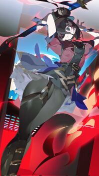 1girl arms_up black_hair black_hat breasts dress eyepatch fate/grand_order fate_(series) frilled_skirt frills grey_eyes hair_over_one_eye hashtag-only_commentary hat highres holding katana looking_at_viewer medium_breasts mysterious_ranmaru_x_(fate) o-ring o-ring_thigh_strap pantyhose peaked_cap purple_dress rairyu_(samurai996007) short_hair short_sleeves sideways_glance skindentation skirt sky solo sword thigh_strap weapon wrist_cuffs