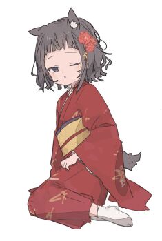 1girl :o animal_ear_fluff blush dog_girl dog_tail japanese_clothes kimono looking_at_viewer original simple_background solo tail uzoumuzo