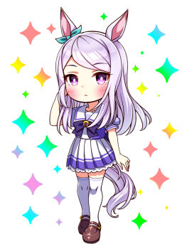 1girl animal_ears aqua_bow blush bow bowtie breasts chibi chibi_only closed_mouth commentary_request ear_bow ear_ribbon frown full_body highres horse_ears horse_girl horse_tail long_hair looking_at_viewer mejiro_mcqueen_(umamusume) pleated_skirt puffy_short_sleeves puffy_sleeves purple_bow purple_bowtie purple_eyes purple_hair purple_shirt sailor_collar sailor_shirt school_uniform shirt shoes short_sleeves skirt solo sugimotty_nova tail thighhighs tracen_school_uniform umamusume white_sailor_collar white_skirt white_thighhighs zettai_ryouiki
