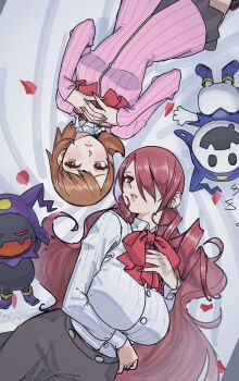 2girls alternate_breast_size_(larger) black_frost black_skirt blush breasts brown_hair chainsaw_man character_doll closed_mouth commentary_request doll fingernails hair_over_one_eye highres jack_frost_(megami_tensei) kirijou_mitsuru large_breasts lips long_hair looking_at_viewer lying multiple_girls one_eye_covered own_hands_together parted_lips persona persona_3 pink_lips pink_nails poechan_chan red_hair scene_reference short_hair skirt swept_bangs takeba_yukari