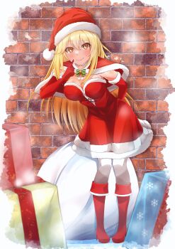 1girl absurdres blonde_hair boots box breasts brick_wall capelet christmas_present closed_mouth commentary_request dress elbow_gloves finger_to_mouth fur-trimmed_capelet fur-trimmed_dress fur-trimmed_headwear fur_trim gift gift_box gloves halya_meri hat highres holding holding_sack knee_boots large_breasts long_hair looking_at_viewer red_boots red_capelet red_dress red_gloves red_hat sack santa_costume santa_dress santa_hat shokuhou_misaki smile solo sparkling_eyes toaru_kagaku_no_mental_out toaru_kagaku_no_railgun toaru_majutsu_no_index yellow_eyes