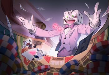 3boys ace_(playing_card) ace_of_hearts bendy_straw black_shirt blue_eyes blue_nose blue_shorts blurry blurry_foreground bow bowtie brothers brown_footwear buttons card checkers_piece cup cuphead cuphead_(game) dice drinking_straw fewer_digits gloves green_eyes hashtag-only_commentary heart highres indoors jacket jj_mung king_dice long_sleeves looking_at_another looking_down male_focus milk mugman multiple_boys object_head open_clothes open_jacket open_mouth outstretched_arms pac-man_eyes pants playing_card purple_bow purple_bowtie purple_jacket purple_pants purple_vest red_nose red_shorts scared shirt shorts siblings smile teeth tongue upper_teeth_only v-shaped_eyebrows vest vignetting white_gloves white_shirt