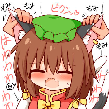 1girl 1other animal_ear_fluff animal_ear_piercing animal_ears blush bow bowtie brown_hair cat_ears cat_tail chen closed_eyes commentary_request disembodied_hand earrings grabbing_another&#039;s_ear green_hat hand_on_another&#039;s_ear hat jewelry mob_cap multiple_tails open_mouth portrait red_vest shirt short_hair simple_background single_earring tail touhou two_tails vest wavy_mouth white_background white_shirt yellow_bow yellow_bowtie zeke4010