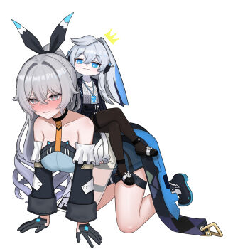 2girls all_fours arm_support bamanul bare_shoulders black_choker black_gloves black_ribbon black_shoes blush bronya_zaychik bronya_zaychik_(outstanding_attitude) bronya_zaychik_(silverwing:_n-ex) choker commentary detached_sleeves dual_persona gloves grey_eyes grey_hair hair_intakes hair_ribbon highres honkai_(series) honkai_impact_3rd lanyard long_hair long_sleeves multiple_girls person_and_furrification ribbon shoes simple_background sitting sitting_on_person very_long_hair white_background