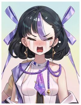 Rule 34 | 1girl, = =, bare shoulders, black hair, blush, border, breasts, crying, earrings, facing viewer, goddess of victory: nikke, gradient background, hair ribbon, jacket, jewelry, mole, mole under eye, mrr 05, multicolored hair, neckerchief, nose blush, off shoulder, open clothes, open jacket, open mouth, purple hair, purple neckerchief, ribbon, rope, shimenawa, shirt, short hair, sleeveless, sleeveless shirt, small breasts, sobbing, solo, streaked hair, streaming tears, syuen (nikke), tears, two-tone hair, upper body, v-shaped eyebrows, wavy mouth, white border, white jacket, white shirt