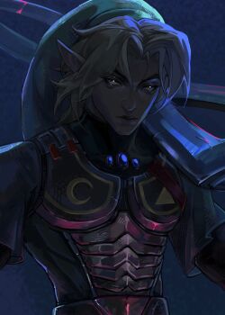 1boy alternate_weapon armor balo_badartist crescent_print dark_persona double_helix facial_tattoo fierce_deity highres holding holding_sword holding_weapon male_focus nintendo possessed solo sword tattoo the_legend_of_zelda the_legend_of_zelda:_majora&#039;s_mask triangle weapon