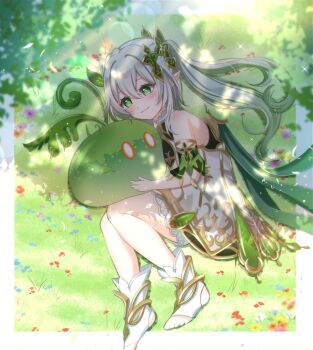 1girl absurdres bare_shoulders bloomers cape cocoa_11vv commentary_request dappled_sunlight dendro_slime_(genshin_impact) detached_sleeves dress genshin_impact gold_trim gradient_hair green_cape green_eyes green_hair green_sleeves hair_between_eyes hair_ornament highres holding leaf_hair_ornament long_hair looking_at_viewer lying multicolored_hair nahida_(genshin_impact) on_grass on_side pointy_ears side_ponytail sleeveless sleeveless_dress slime_(genshin_impact) solo star-shaped_pupils star_(symbol) stirrup_legwear sunlight symbol-shaped_pupils toeless_legwear toes underwear white_bloomers white_dress white_hair