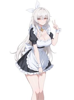 1girl absurdres apron birth&#039;s_character black_dress breasts cleavage closed_mouth collared_dress commission dress dungeon_and_fighter frilled_apron frills hair_ribbon hand_up highres large_breasts long_hair looking_at_viewer maid_apron original red_eyes revision ribbon short_sleeves simple_background smile solo thighs v very_long_hair white_background white_hair wrist_cuffs ysoa26