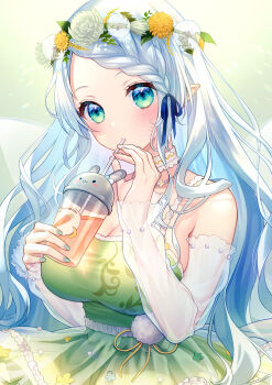 1girl blue_hair blue_ribbon blush braid braided_bangs breasts carrot_juice choker cleavage cup dandelion detached_sleeves dot_nose dress dress_flower drinking_straw drinking_straw_in_mouth fingernails flower frilled_dress frills green_background green_dress green_eyes green_nails hair_ribbon head_wreath highres holding holding_cup holding_drinking_straw indie_virtual_youtuber juice kokorone_hana koyama_kariko large_breasts light_blue_hair long_hair looking_at_viewer nail_polish parted_bangs pointy_ears pom_pom_(clothes) ribbon see-through_clothes see-through_sleeves shoulder_strap single_braid solo upper_body virtual_youtuber white_choker yellow_flower yellow_ribbon