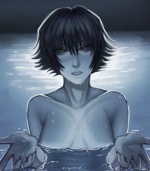 1girl artist_name ayanemuux breasts chainsaw_man completely_nude devil_may_cry_(series) highres i'll_teach_you_everything_(chainsaw_man) implied_nudity in_water lady_(devil_may_cry) movie_reference nude open_hands parody partially_submerged pool pov scene_reference signature skinny_dipping twitter_username water wet wet_hair