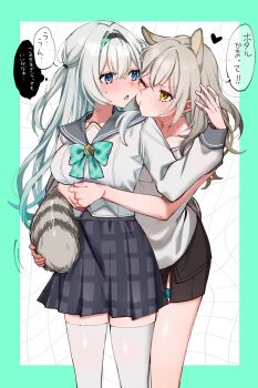 Rule 34 | 2girls, :o, animal ears, black hairband, black skirt, blush, firefly (honkai: star rail), firefly (spring missive) (honkai: star rail), gel (nukoleg), gradient eyes, gradient hair, green pupils, grey hair, grey skirt, hair between eyes, hair intakes, hair tubes, hairband, highres, honkai: star rail, honkai (series), long hair, miniskirt, multicolored eyes, multicolored hair, multiple girls, one eye closed, open mouth, pleated skirt, raccoon ears, raccoon tail, skirt, speech bubble, stelle (honkai: star rail), sweatdrop, tail, thigh strap, thighhighs, thought bubble, trailblazer (honkai: star rail), white thighhighs