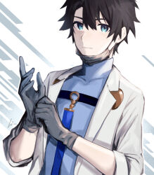 Rule 34 | 1boy, adjusting clothes, adjusting gloves, black gloves, black hair, blue eyes, closed mouth, coat, commentary request, covered collarbone, fate/grand order, fate (series), fujimaru ritsuka (male), gloves, hair between eyes, haisato (ddclown14), lab coat, looking at viewer, male focus, mask, mask lift, mouth mask, open clothes, open coat, signature, sleeves rolled up, solo, surgical mask, turtleneck, white coat