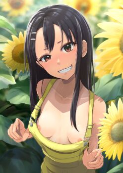 1girl black_hair breasts female_focus flashing flower grin hair_ornament hairclip head_tilt highres ijiranaide_nagatoro-san k3rd long_hair looking_at_viewer nagatoro_hayase naughty_face nipples outdoors overalls overalls_pull small_breasts smile solo sunflower tan tanline yellow_overalls