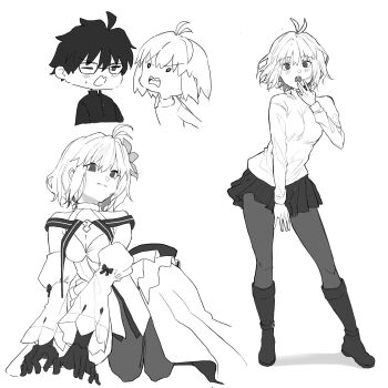 Rule 34 | 1boy, 1girl, :o, ahoge, angry, arcueid brunestud, arcueid brunestud (mooncancer), arm support, bare shoulders, black hair, blonde hair, boots, commentary request, detached sleeves, fate/grand order, fate (series), flower, gakuran, glasses, gloves, hair flower, hair intakes, hair ornament, hand on own face, highres, hirekatsu-kan, jewelry, miniskirt, monochrome, necklace, one eye closed, pantyhose, ribbon, school uniform, sharp teeth, short hair, skirt, souya high school uniform, sweater, teeth, tohno shiki, tsukihime, tsukihime (remake), turtleneck, turtleneck sweater