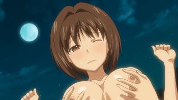 10s 2012 2girls animated animated_gif ass bouncing_breasts breasts brown_hair censored cowgirl_position crying girl_on_top groping groping_breast huge_ass implied_sex kanako_okunaga koiito_kinenbi_the_animation large_breasts legs_apart moon mother_and_daughter multiple_girls night night_sky nipples one_eye_closed onsen outdoors ponytail sky straddling tagme tears yuuichi_(koiito_kinenbi_the_animation)