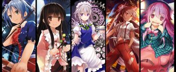 5girls apron arrow_(projectile) black_hair blue_dress bow_(weapon) branch brown_eyes bubble_skirt column_lineup dress efe finger_smshirt fingersmile fujiwara_no_mokou grey_eyes hata_no_kokoro highres houraisan_kaguya izayoi_sakuya jeweled_branch_of_hourai maid maid_apron maid_headdress multiple_girls open_mouth pants pink_eyes pink_hair puffy_short_sleeves puffy_sleeves purple_eyes see-through_clothes shirt short_sleeves silver_hair skirt smile split_screen suspenders torn_clothes torn_sleeves touhou waist_apron weapon yagokoro_eirin
