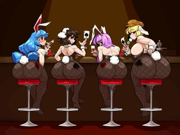 4girls absurdres adjusting_clothes animal_ears aronnecroman ass back barefoot blonde_hair blue_hair blush breasts brown_hair brown_leotard brown_pantyhose card choker commentary dango eating english_commentary feet food from_behind hat highres holding holding_card huge_ass inaba_tewi large_breasts leotard looking_back low_twintails multiple_girls orange_hat pantyhose playboy_bunny playing_card poker_chip purple_hair rabbit_ears rabbit_tail red_eyes reisen_udongein_inaba ringo_(touhou) seiran_(touhou) sitting stool strapless strapless_leotard tail touhou twintails wagashi white_choker white_wrist_cuffs wrist_cuffs