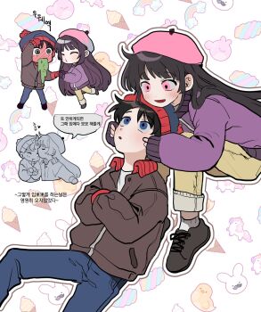 1boy 1girl baby_animal beret bird black_hair blush chibi chibi_inset chick couple crossed_arms denim food full-face_blush gloves hands_on_another's_cheeks hands_on_another's_face hat hetero highres ice_cream imminent_kiss jacket jeans kiss kissing_forehead korean_text long_hair long_sleeves looking_up marshmallow open_mouth pants pants_rolled_up pink_eyes rabbit rainbow shoes short_hair sike_(dvh_04) sitting sleeves_past_wrists smile socks south_park stan_marsh translation_request unicorn vomit wendy_testaburger