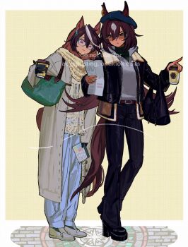 2girls animal_ears bag beret black_gloves black_jacket black_pants blue_pants breasts brown_hair closed_mouth coat cup disposable_coffee_cup disposable_cup ear_ornament earrings ears_through_headwear fur-trimmed_jacket fur_trim glass gloves green_sweater grey_hoodie hair_between_eyes hat highres holding holding_cup holding_map hood hoodie horse_ears horse_girl horse_tail jacket jewelry long_hair long_sleeves map multicolored_hair multiple_girls pants parted_lips purple_eyes red_eyes scarf shirt shoulder_bag single_earring sirius_symboli_(umamusume) streaked_hair suaviterra sweater symboli_rudolf_(umamusume) tail umamusume very_long_hair white_coat white_hair yellow_scarf