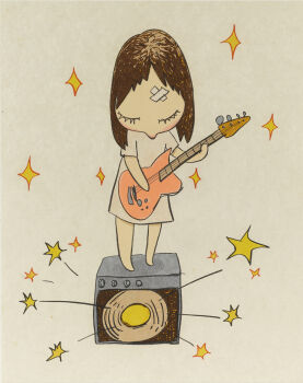 Rule 34 | 1girl, bandage on forehead, barefoot, bass guitar, brown hair, closed eyes, colored eyelashes, commentary, deformed, english commentary, eyelashes, highres, instrument, lithograph (medium), medium hair, music, nara yoshitomo, no mouth, original, oversized clothes, oversized shirt, playing bass guitar, playing instrument, shirt, simple background, solo, sparkle, speaker, standing on object, white shirt