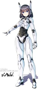 1girl android arm_at_side black_hair blue_eyes breasts commentary_request full_body highres joints looking_at_viewer medium_breasts original robot_girl robot_joints shadow solo standing take_(pixiv58784208) white_background
