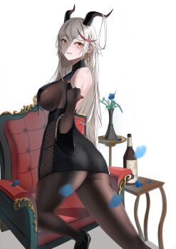 1girl absurdres aegir_(azur_lane) armchair ass azur_lane back bare_shoulders bareback black_dress black_pantyhose black_shoes blush bodystocking bottle breasts chair demon_horns dress flower from_side highres horns large_breasts long_hair looking_at_viewer multicolored_hair ningri_(lianyungangwyz) orange_eyes pantyhose petals shoes sideboob silver_hair smile solo table vase white_background