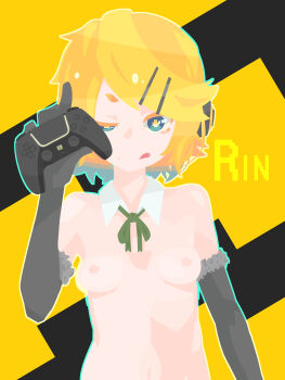 1girl :q absurdres black_background black_gloves blonde_hair blue_eyes breasts character_name closed_mouth collar commentary_request controller cross-shaped_pupils detached_collar dualsense elbow_gloves fur-trimmed_gloves fur_trim game_controller gloves green_ribbon hair_ornament hairclip hara_id_21 highres holding holding_controller holding_game_controller kagamine_rin looking_at_viewer neck_ribbon nipples no_lineart parallel_hairclips playstation_controller ribbon short_hair small_breasts smile solo swept_bangs symbol-shaped_pupils tongue tongue_out topless_female two-tone_background uneven_eyes upper_body vocaloid white_collar yellow_background