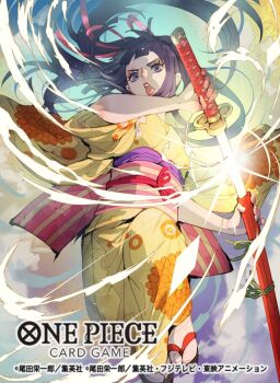 1boy blue_eyes blunt_bangs commentary_request copyright_name eyelashes floating_hair floral_print floral_print_kimono glint hair_ribbon japanese_clothes kikunojo_(one_piece) kimono male_focus nanahara_shie obi official_art one_piece one_piece_card_game ponytail print_kimono red_lips ribbon sash sheath sidelocks socks solo unsheathing white_socks wind yellow_kimono