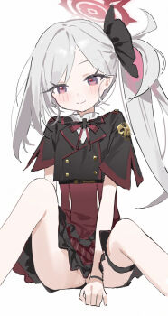 1girl asymmetrical_hair black_shirt blue_archive closed_mouth feet_out_of_frame frilled_skirt frills grey_hair halo highres knees_up long_hair looking_at_viewer measho miniskirt mutsuki_(blue_archive) no_panties pink_eyes plaid_clothes plaid_skirt pointy_ears red_halo red_skirt shirt short_sleeves side_ponytail simple_background sitting skirt smile solo white_background