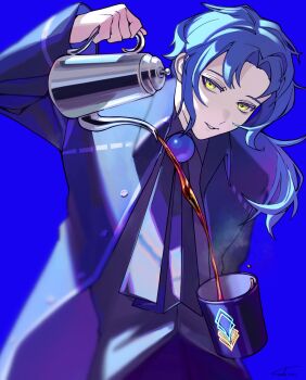 1boy absurdres arm_up black_shirt blue_background blue_coat blue_neckerchief brooch chesed_(project_moon) coat coffee coffee_pot cup highres jewelry library_of_ruina male_focus mug neckerchief pouring project_moon sekisei_mg shirt simple_background solo
