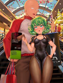 2boys 2girls absurdres black_dress boyfriend_with_expensive_gifts_(meme) breasts christmas commentary crossover curly_hair dress english_commentary escalator fern_(sousou_no_frieren) game_console grand_theft_auto grand_theft_auto_vi graphics_card green_eyes green_hair highres indoors long_hair looking_at_another meme multiple_boys multiple_girls one-punch_man pantyhose petite playstation_5 purple_hair revision rkrk12 saitama_(one-punch_man) short_hair small_breasts sousou_no_frieren stark_(sousou_no_frieren) tatsumaki thighs