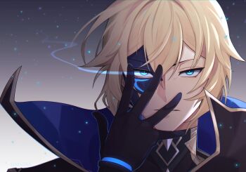 1boy arm_up black_cape black_gloves black_mask blonde_hair blue_cape blue_eyes cape closed_mouth collared_cape commentary dainsleif_(genshin_impact) double-parted_bangs english_commentary genshin_impact gloves gold_trim hair_between_eyes half_mask hand_on_own_face highres looking_at_viewer male_focus mask mystical_high_collar sanpaku solo xestria