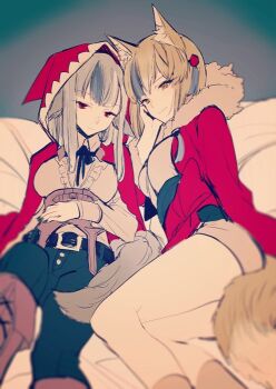 2girls animal_ears blonde_hair fire_emblem fire_emblem_fates fox_ears fox_girl fox_tail fur_trim grey_hair hood japanese_clothes kimono long_hair looking_at_viewer lying miyuki_ruria multiple_girls nintendo on_back on_bed on_side red_eyes selkie_(fire_emblem) short_hair tail velouria_(fire_emblem) wolf_ears wolf_girl wolf_tail yellow_eyes