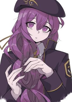 1girl adjusting_hair beret braid braiding_hair collared_shirt cropped_jacket eltnum_(under_night_in-birth) hair_ribbon hairdressing hat highres holding holding_own_hair long_hair looking_at_viewer melty_blood necktie purple_eyes purple_hair purple_sweater ribbon shirt single_braid sion_eltnam_(type-moon) solo sweater tierra_misu tsukihime under_night_in-birth v-neck very_long_hair white_background white_shirt yellow_necktie yellow_ribbon