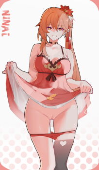 1girl absurdres artist_name black_choker black_thighhighs choker cleft_of_venus clothes_lift collarbone commentary dress dress_lift feet_out_of_frame grin guinaifen_(honkai:_star_rail) highres honkai:_star_rail honkai_(series) long_hair looking_at_viewer ninai orange_dress orange_hair orange_panties panties pussy side_ponytail single_thighhigh smile symbol-only_commentary thighhighs underwear very_long_hair