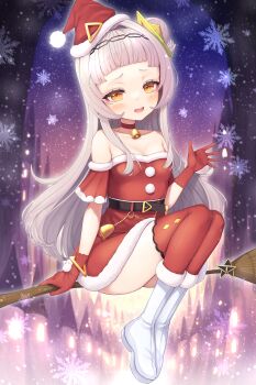Rule 34 | 1girl, absurdres, arched bangs, bare shoulders, bell, belt, black belt, blush, boots, braid, breasts, broom, broom riding, chain, choker, christmas, commentary, detached sleeves, dress, full body, fur-trimmed boots, fur-trimmed dress, fur-trimmed headwear, fur buttons, fur trim, gloves, gold chain, grey hair, hair bun, hair ornament, hairband, half up braid, hat, heart, heart in eye, highres, hololive, hololive christmas outfit, kage (ka 9e 4su), knees up, long hair, long sidelocks, looking at viewer, mini hat, mini santa hat, murasaki shion, neck bell, official alternate costume, open hand, open mouth, outdoors, petite, raised inner eyebrows, red choker, red dress, red gloves, red hat, red thighhighs, ringed eyes, santa hat, short dress, short eyebrows, side up bun, sidelocks, single side bun, sitting, small breasts, snowflakes, snowing, solo, strapless, strapless dress, symbol in eye, thighhighs, triangle hair ornament, very long hair, virtual youtuber, waving, white boots, yellow eyes