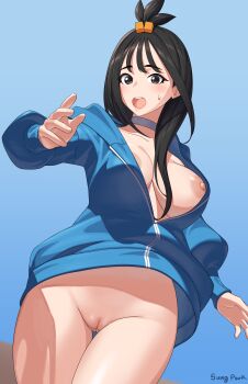 1girl absurdres black_hair blue_jacket blush bottomless breasts choker cube_hair_ornament grey_eyes hair_ornament highres hood hooded_jacket jacket large_breasts lida_(pokemon) long_hair long_sleeves looking_at_viewer nintendo nipples open_mouth pokemon pokemon_legends:_z-a pussy solo sungpark thighs