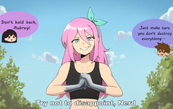 1boy 2girls :d absurdres alternate_universe aoiro_arts aqua_eyes aqua_hairband artist_name aubrey_(faraway)_(omori) aubrey_(omori) bare_arms bare_shoulders ben_10 black_eyes black_hair black_tank_top blue_sky bow_hairband breasts bright_pupils brown_hair bush cloud collarbone commentary commission cracking_knuckles crossover double-parted_bangs english_commentary english_text flying_sweatdrops grin hair_behind_ear hair_between_eyes hairband heart hero_(faraway)_(omori) hero_(omori) highres kevin_levin long_hair looking_at_viewer mari_(faraway)_(omori) mari_(omori) multiple_girls navel omori open_mouth outdoors pink_hair short_hair simple_background sky small_breasts smile solo_focus tank_top upper_body v-shaped_eyebrows very_short_hair white_pupils