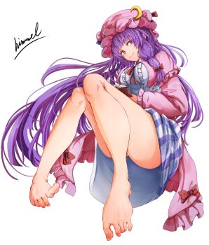 1girl absurdres artist_name barefoot book commentary_request dress hat highres holding holding_book looking_at_viewer mob_cap nuru_himmel patchouli_knowledge pink_hat purple_dress purple_eyes purple_hair shirt simple_background smile solo striped_clothes striped_dress touhou white_background white_shirt