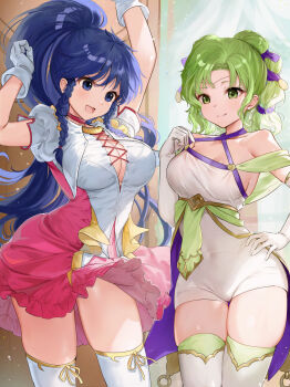 2girls :d aged_up alternate_costume arm_up armpits blue_eyes blue_hair braid breasts cleavage closed_mouth collarbone covered_navel dress fire_emblem fire_emblem:_the_sacred_stones gloves green_eyes green_hair hand_on_own_hip haru_(nakajou-28) highres l&#039;arachel_(fire_emblem) l&#039;arachel_(seeker_of_justice)_(fire_emblem) large_breasts long_hair medium_breasts multiple_girls nintendo official_alternate_costume open_mouth ponytail skindentation smile standing tana_(fire_emblem) tana_(frelian_starlight)_(fire_emblem) thighhighs thighs tongue twin_braids undersized_clothes white_dress white_gloves white_thighhighs wide_hips