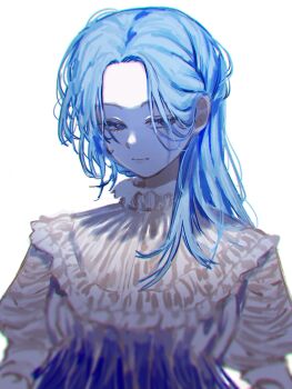 1girl ameme_0204 blue_eyes blue_hair body_horror closed_mouth commentary crying death decay empty_eyes eyelashes highres lies_of_p long_hair pale_skin partially_shaded_face simple_background smile solo sophia_monad spoilers streaming_tears tears upper_body white_background
