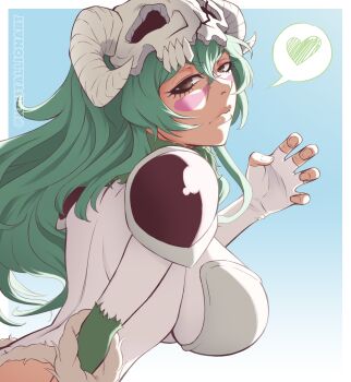 1girl alternate_eye_color armor bleach bleach:_sennen_kessen-hen border breasts elbow_gloves espada facial_mark female_focus fur_trim gloves green_hair highres hollow_mask kristallion large_breasts lips long_hair looking_at_viewer mask mask_on_head nelliel_tu_odelschwanck official_alternate_costume scar scar_on_face shoulder_armor simple_background skull_on_head upper_body white_border