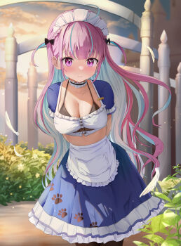 1girl absurdres ahoge apron aqua_hair belt black_bow black_bra black_choker blue_bustier blue_skirt blurry blurry_background blush bow bra braid breasts brown_belt brown_pantyhose bustier castle choker cleavage closed_mouth cloud cloudy_sky collarbone colored_inner_hair feathers frilled_apron frilled_choker frills hair_bow highres hololive large_breasts long_hair looking_at_viewer maid maid_apron maid_headdress minato_aqua mochiki_927 multicolored_hair name_tag outdoors pantyhose paw_print pink_eyes pink_hair plant short_sleeves skirt sky smile solo streaked_hair two-tone_hair underwear virtual_youtuber waist_apron white_apron white_bustier white_choker