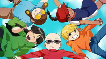 2girls 3boys ^_^ animification bald black_hair blue_eyes braid brown_eyes closed_eyes codename:_kids_next_door commentary_request dark_skin day duplicate everyone glasses goggles green_eyes grin hat holding_hands hood hoodie interlocked_fingers long_hair long_sleeves multiple_boys multiple_girls numbuh_1 numbuh_2 numbuh_3 numbuh_4 numbuh_5 open_mouth parted_lips pixel-perfect_duplicate sky sleeves_past_wrists smile t_k_g