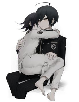 Rule 34 | 2boys, ahoge, arms around neck, barefoot, black hair, black jacket, brown eyes, buttons, checkered clothes, checkered scarf, collared jacket, cross-laced clothes, cross-laced top, danganronpa (series), danganronpa v3: killing harmony, flipped hair, hair between eyes, hand on another's back, hand on another's thigh, hashtag-only commentary, highres, invisible chair, jacket, long sleeves, male focus, multiple boys, muted color, oma kokichi, pants, pinstripe jacket, pinstripe pants, pinstripe pattern, saihara shuichi, scarf, short hair, simple background, sitting, sitting on person, smile, striped clothes, striped jacket, sweatdrop, thigh strap, white background, yaoi, zr 310