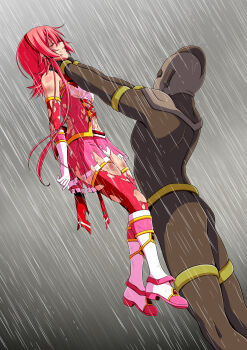 1boy 1girl absurdres abuse arms_at_sides asphyxiation back_bow battle beaten blush body_blush bodysuit boots bow breasts brown_bodysuit brown_helmet bruise bruise_on_arm bruise_on_face bruise_on_leg bruise_on_stomach character_request closed_eyes clover_rose collared_dress defeat detached_sleeves dirty dirty_clothes dress elbow_gloves fainted feet_out_of_frame fighting from_side full_body gloves hairband hands_on_another's_arms hands_on_another's_neck hanging_legs height_difference helmet highres huge_bow immobilization injury knee_boots koeda0111 lace lace-trimmed_dress lace_trim lifting_person long_sidelocks magical_girl miniskirt multicolored_footwear multicolored_skirt navel neck_lift original outdoors pain panties pantyshot parted_lips peril pink_boots pink_dress pink_gloves pink_hair pink_skirt pink_sleeves pink_thighhighs pleated_skirt profile rain red_bow red_hairband ryona scratches short_dress short_hair_with_long_locks skirt sleeveless sleeveless_dress slim_legs small_breasts storm strangling tall_male teeth thighhighs torn torn_clothes torn_dress torn_skirt torn_thighhighs unconscious underwear utsugi_chisaki very_long_sidelocks violence wet yotsuba_no_senki_clover_rose zettai_ryouiki