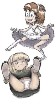 2girls angry black_skirt blonde_hair braces brown_hair clothes_lift conoghi disney dress dress_lift glasses gloves green_sweater hairband jackie_wackerman kendall_perkins kick_buttowski loli long_hair long_sleeves looking_at_viewer lying multiple_girls open_mouth panties ponytail short_hair skirt smile socks strapless strapless_dress sweater underwear white_background white_dress white_gloves white_panties white_socks